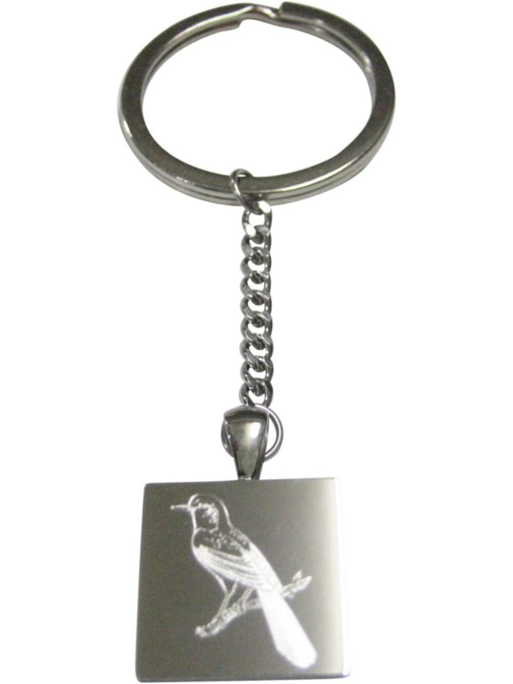 Silver Toned Square Etched Mockingbird Pendant Keychain - Unique Gift Accessory